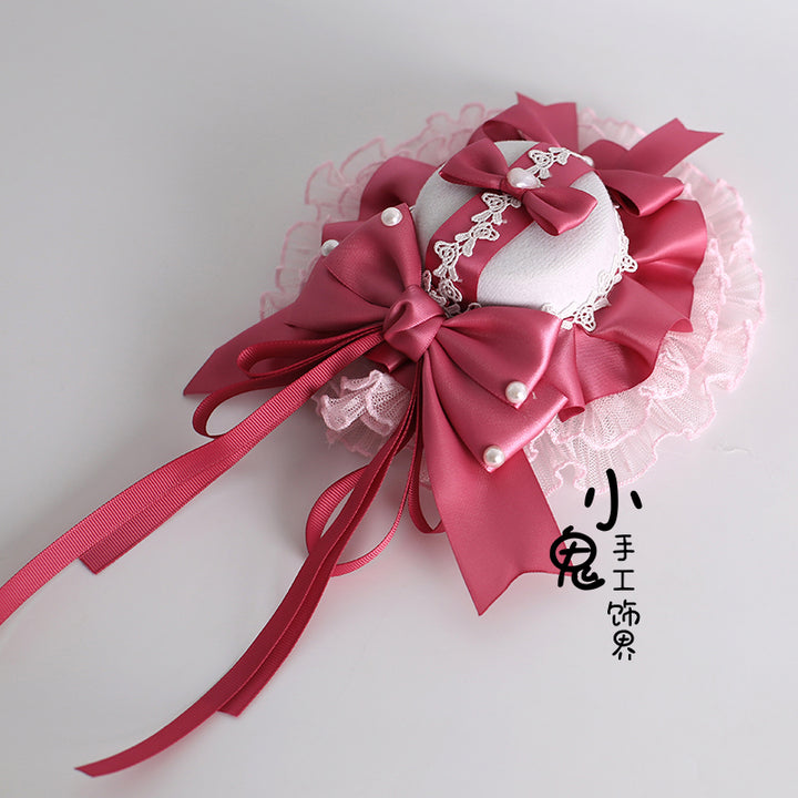 Xiaogui~Velvet Cake~Sweet Lolita Head Accessory Set with Ribbon Bow Details Small Top Hat Only (diameter without lace: 13 cm / 5.1 inches)