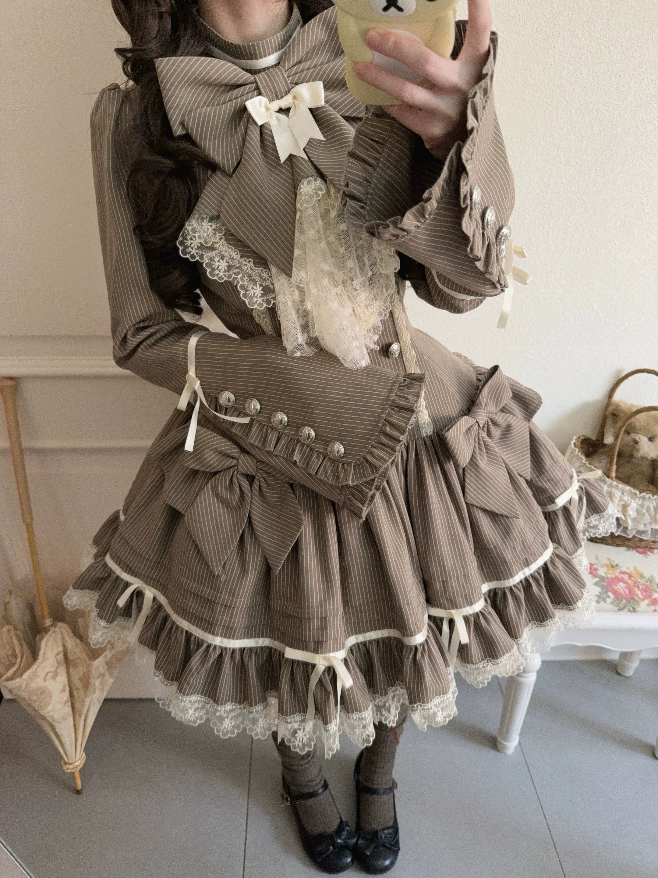 Phantom Kitty - Old School Lolita Low Waist OP Dress, Lace & Bow 45119:836196