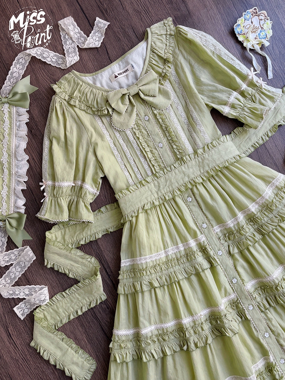 Miss Point~Cat Rose Tea~Elegant Lolita OP Open-front Short Sleeve Tiered Dress 42135:727817