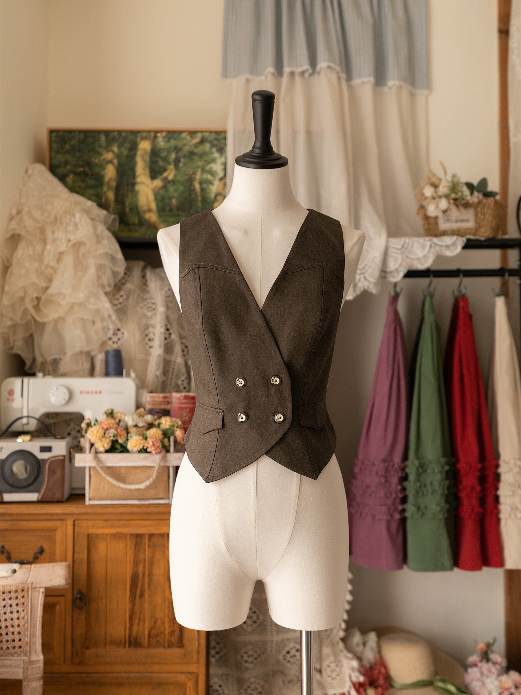Forest Wardrobe - Forest Basket - Elegant Lolita Vest V Collar Retro Waistcoat S Brown