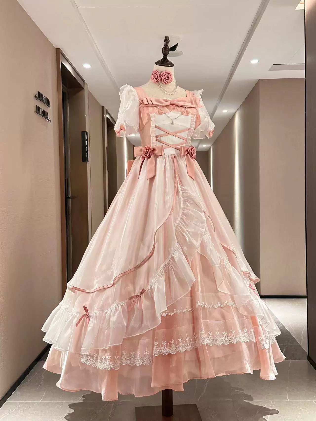 Flight Diary - Princess Lolita Dress Wedding Lolita OP and Daily Wear OP Pre-order XS Only Longer Wedding Lolita OP - Pink (Bubble Sleeves) (No Trailing)