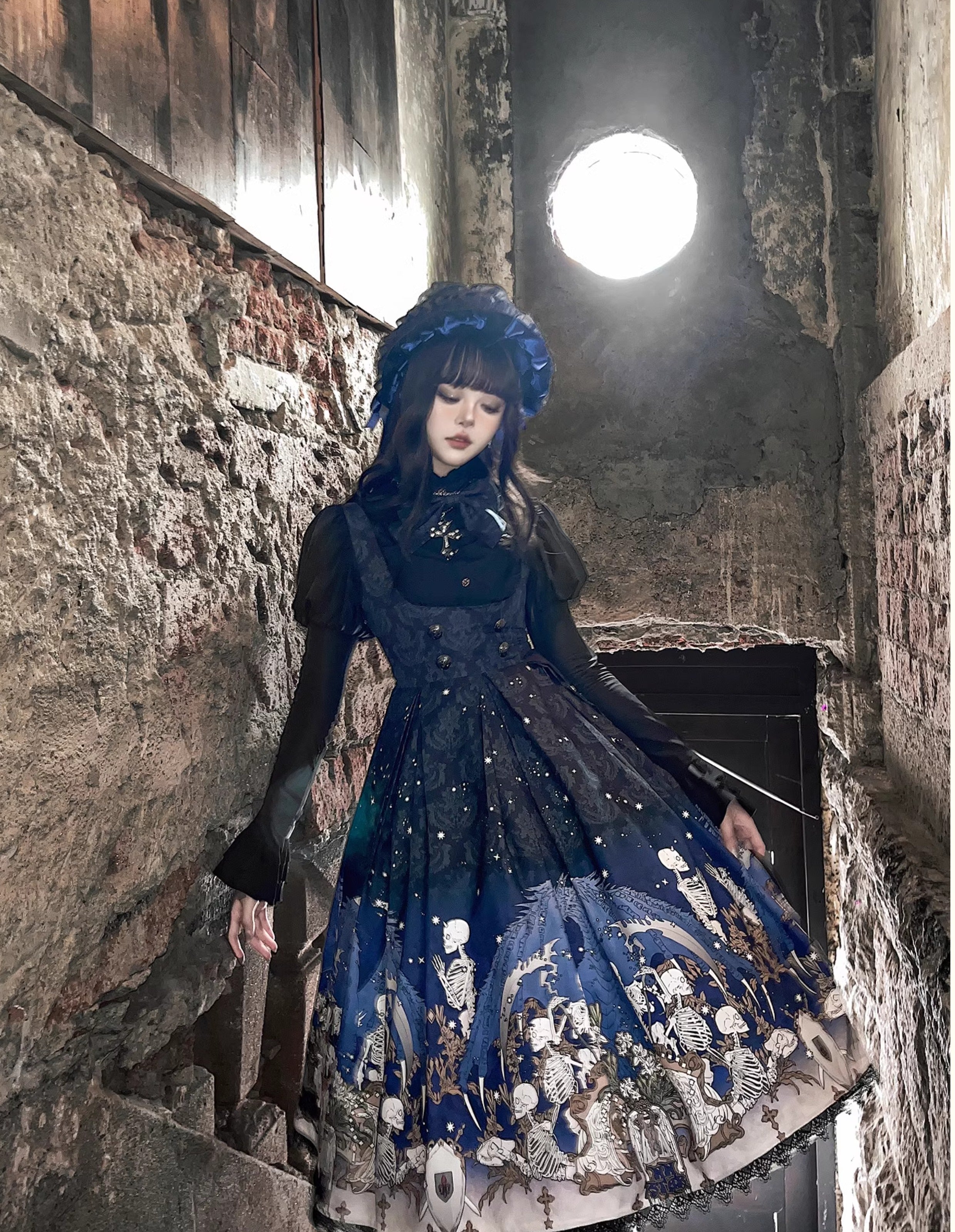 Nn Star - Dragonbone Lily - Dragon Skeleton Print Gothic Lolita Bust-supporting JSK and BNT 42664:748580