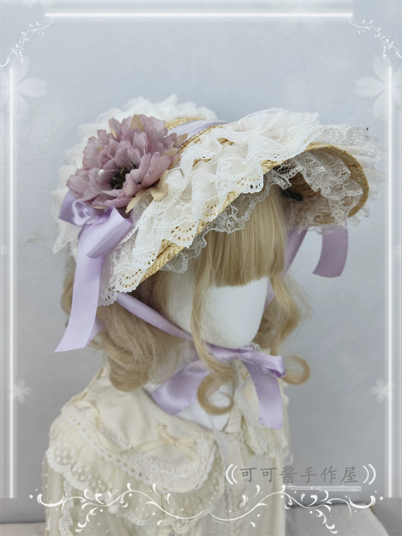 Cocoa Jam~Country Lolita Bonnet Lace Flower Flat Cap Multicolors Customized purple  