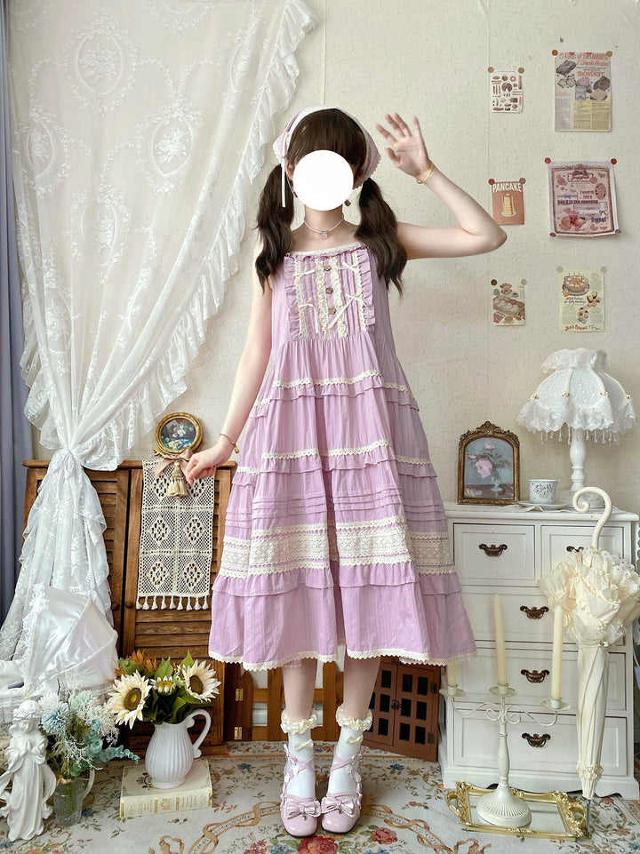 Qianmu~Summer Floral Tea~Country Lolita Cotton Jumper Dress Burlap Dress   