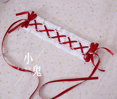(BFM)Xiaogui~Japanese Style Sweet Lolita Lace Headband Multicolors White Cotton + Dark Red  