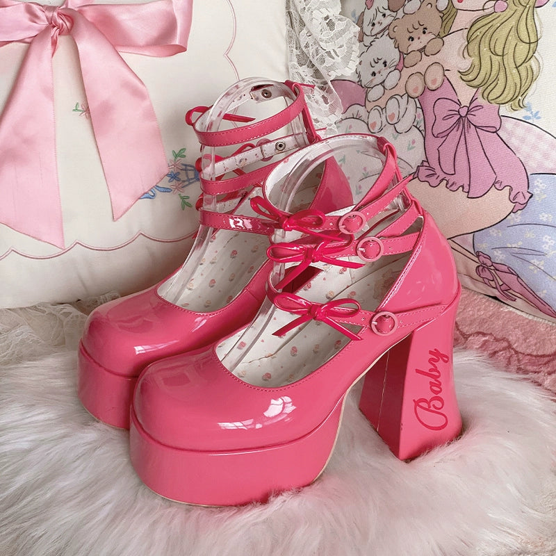 Pure Tea For Dream~Barbie Diary~Sweet Lolita Shoes Bow Platform High Heel Shoes 34 Barbie Pink 