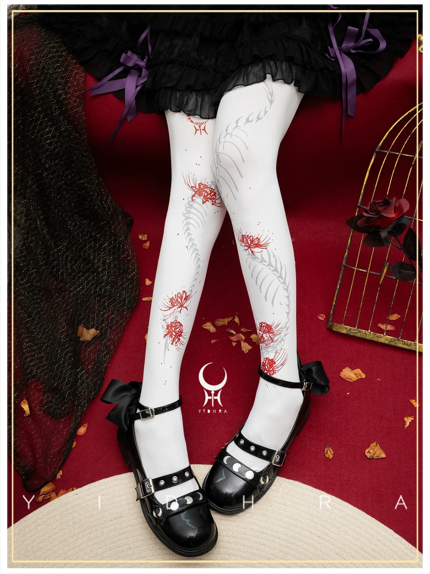 Yidhra - Dragon Abyss - Halloween Gothic Lolita Pantyhose, Red Spider Lily Print 44057:793574