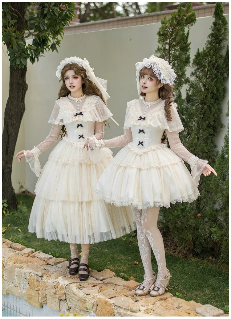 White Mist Promise - Classic Lolita Corset OP Set, Edwardian Collar & Tiered Hem 45173:838329
