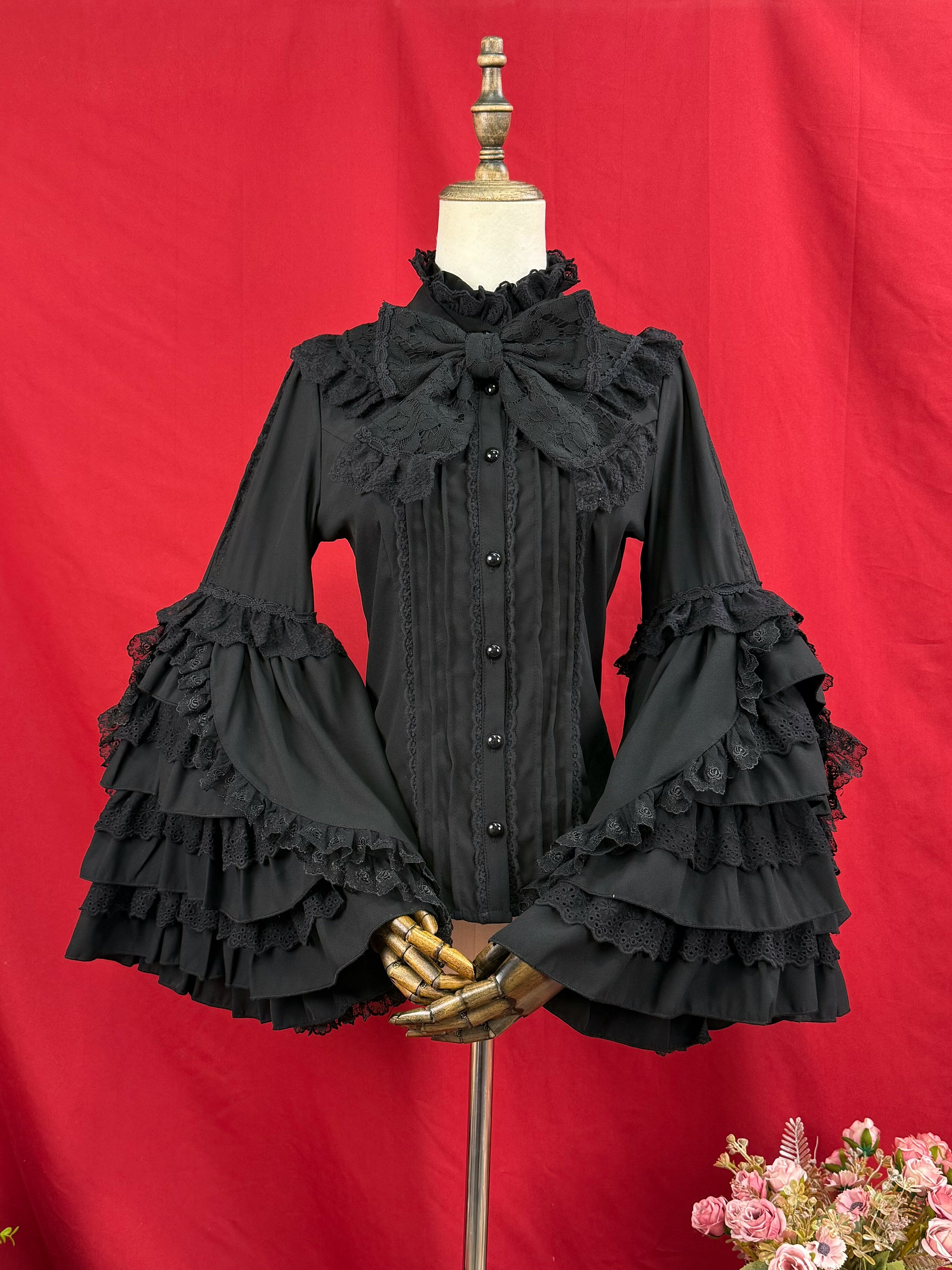 Hime Sleeved Classic Lolita Shirt, Detachable Bow Black S