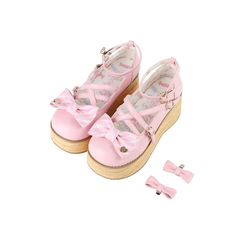 (BFM)Sheep Puff~Candy Tea~Sweet Lolita Shoes Striped Bow Thick-Soled Shoes 35 pink 
