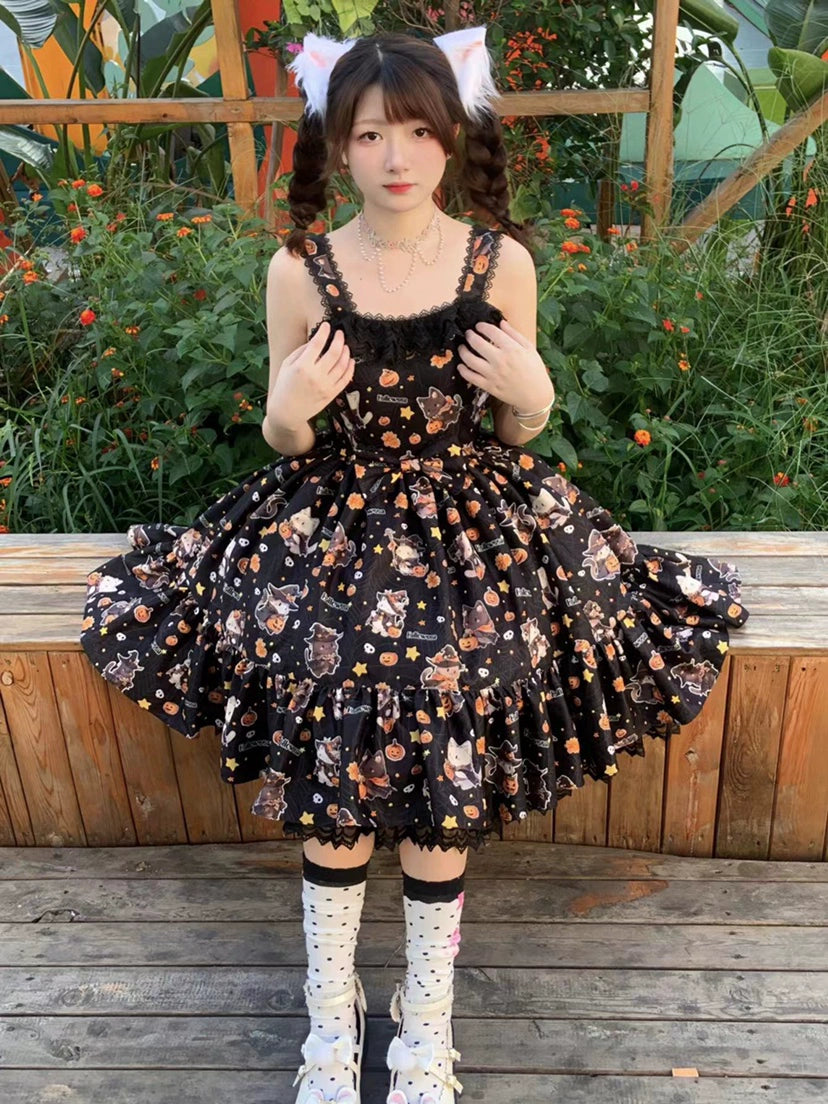 (Buyforme)Strawberry Alice~Mew Mew Witch Halloween Cat Print Lolita JSK   