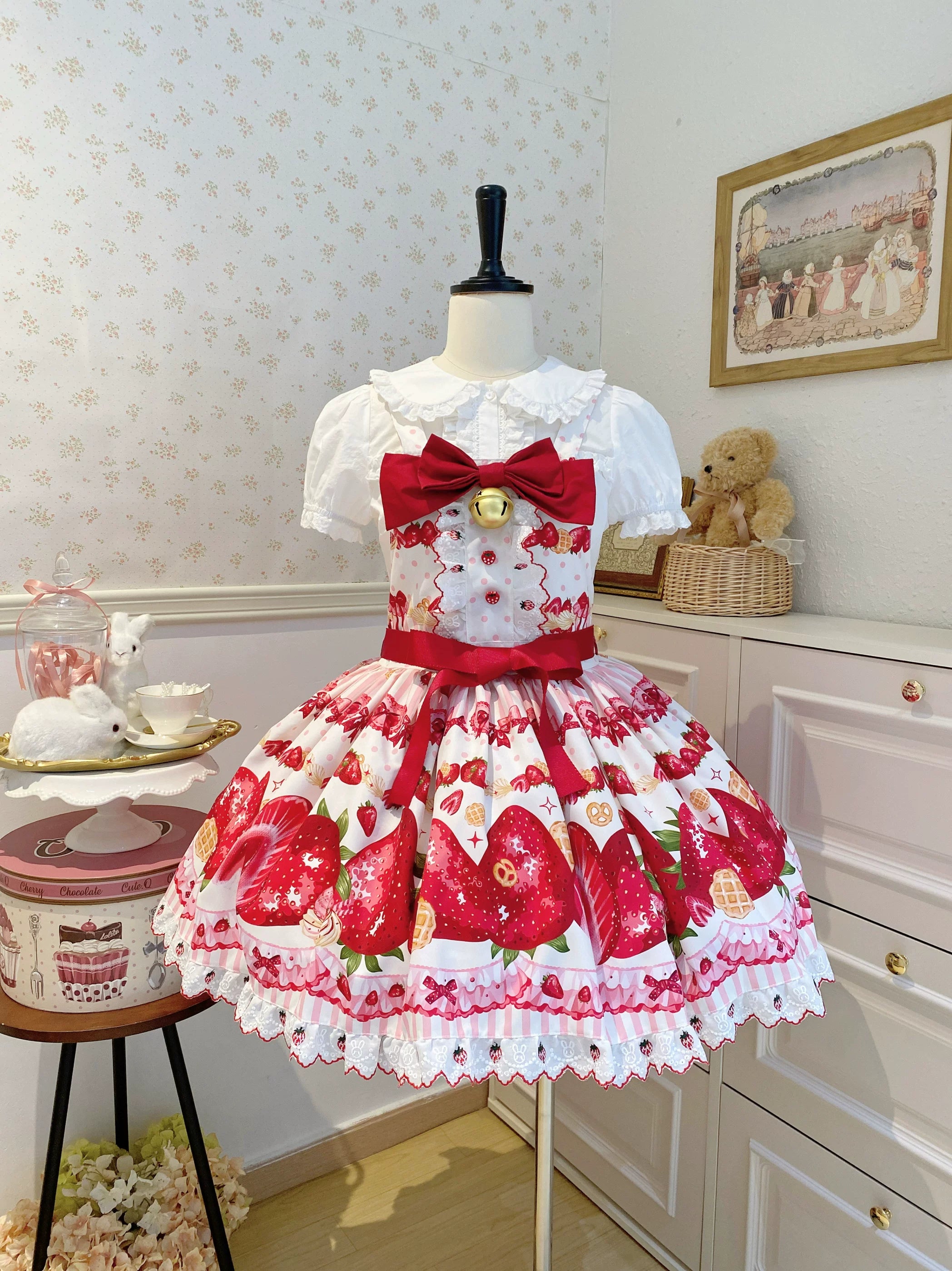 Strawberry Sweetheart Cake - Sweet Lolita Salopette & JSK, Strawberry Print White - Salopette S Single Dress