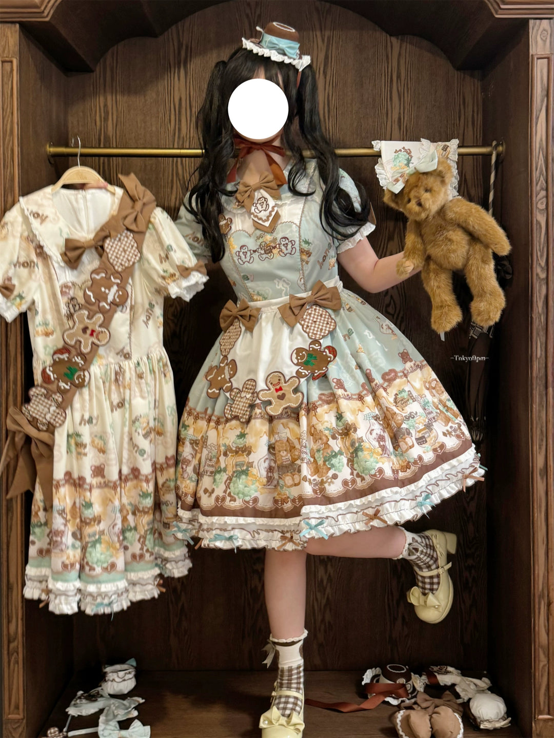 Babyblue~Little Bear Honey Jar~Kawaii Lolita Short Sleeve OP Gingerbread Man Embroidered Dress 40362:656842