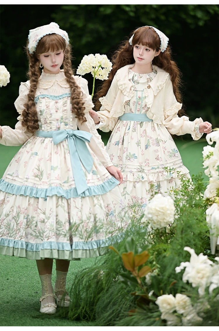 With PUJI - Oriole Time - Country Lolita JSK and OP Dress, Floral and Bird Print 44048:794546
