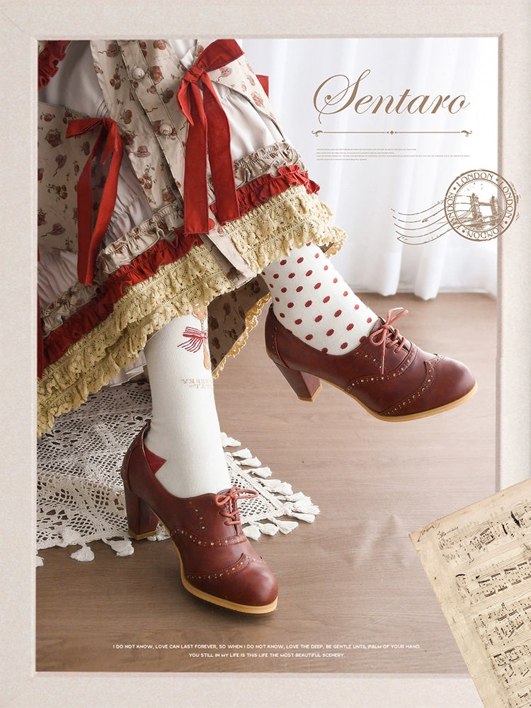 Sentaro - Retro Lolita Heel Shoes Handmade Perforated Strap Leather Shoes 35 vintage red-brown mid heel