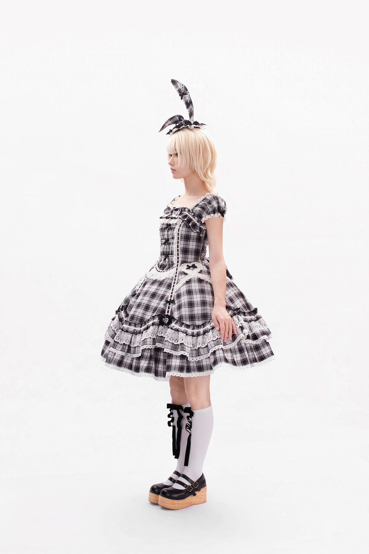 Plaid Lace Bunny - Old School Lolita Plaid OP Dress, Lace Trim 45992:871321