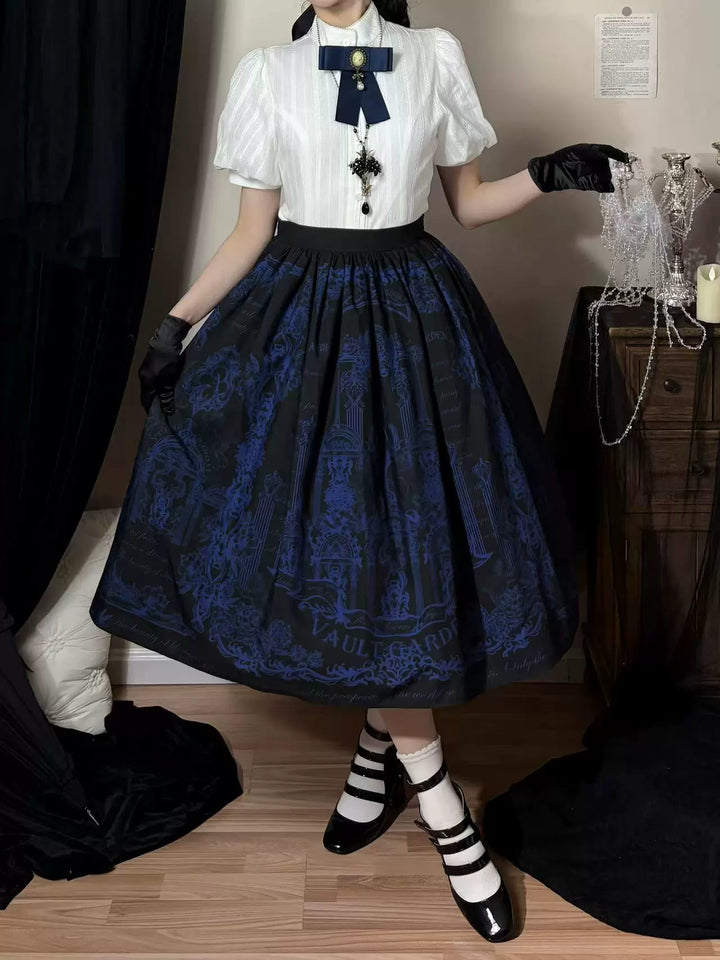 Vault Design~Angel Garden~Classic Lolita SK A-line Printed Lolita Skirt Blue black SK only - XS