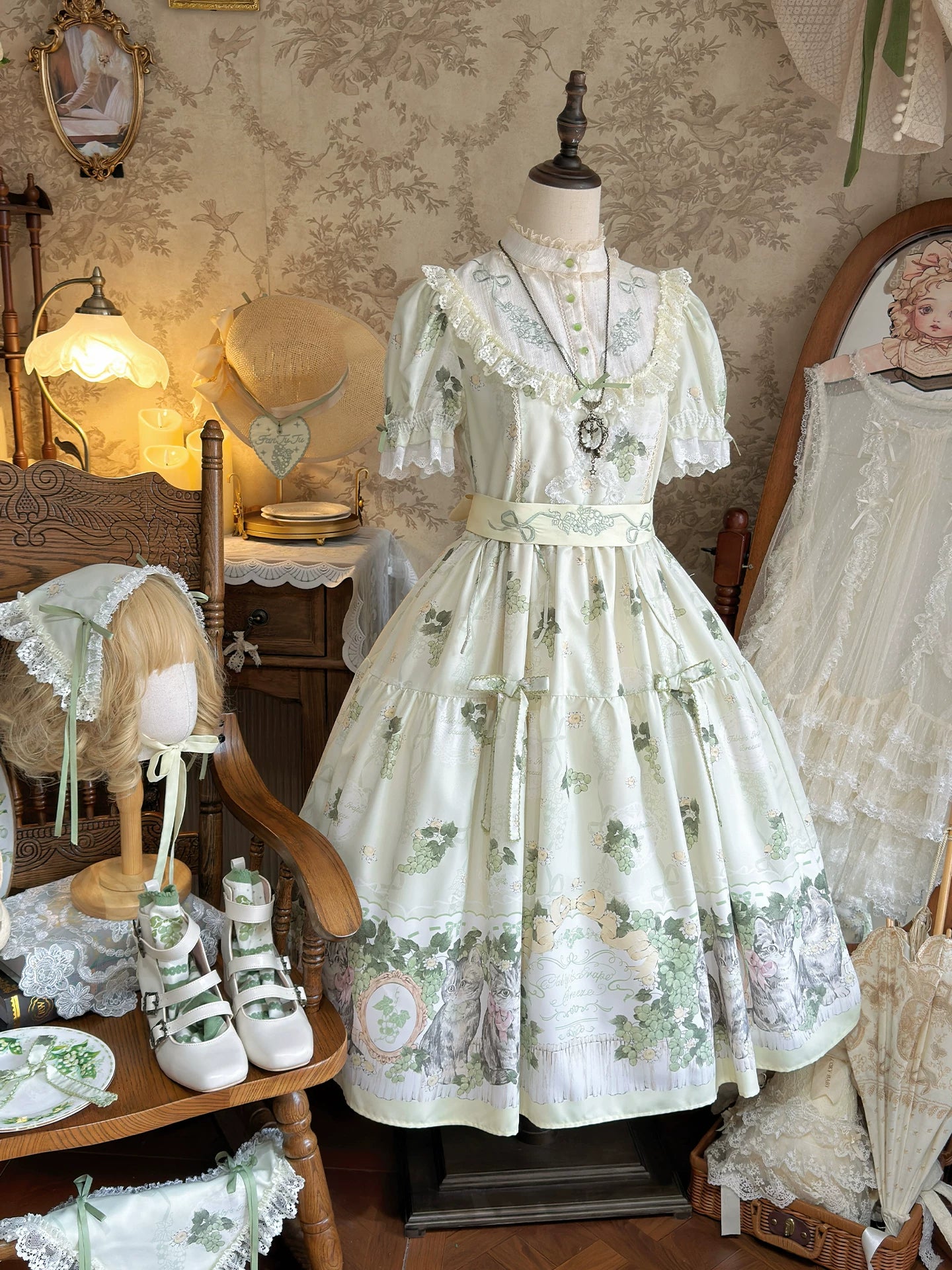 Grape Garden Cat - Classic Lolita Printed JSK Dress, Short Sleeve OP Standing Collar OP Only S
