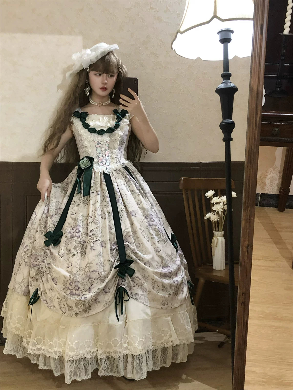 Dolota Flower Wall - Classic Lolita Floral OP Dress, Open Shoulder 44485:811192