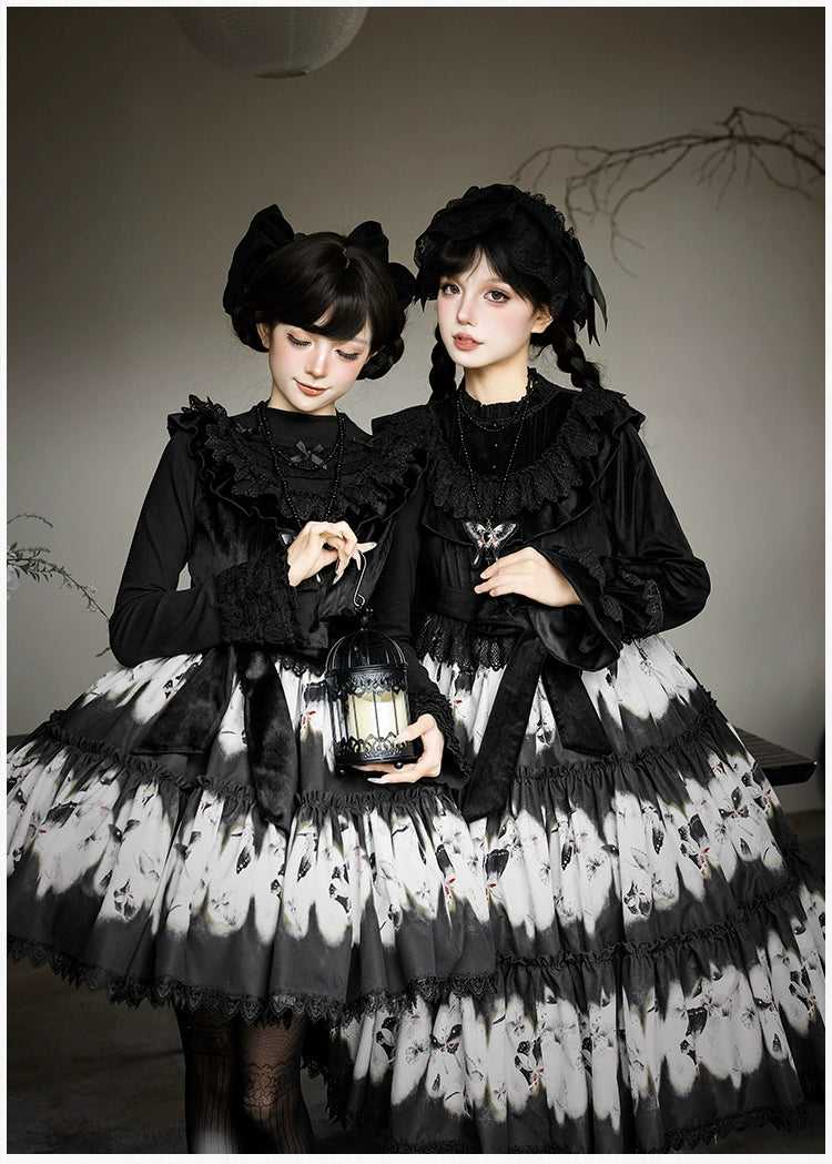 With PUJI - Dead Leaf Butterfly - Gothic Lolita JSK & OP Dress Set, Butterfly Print 44346:805397
