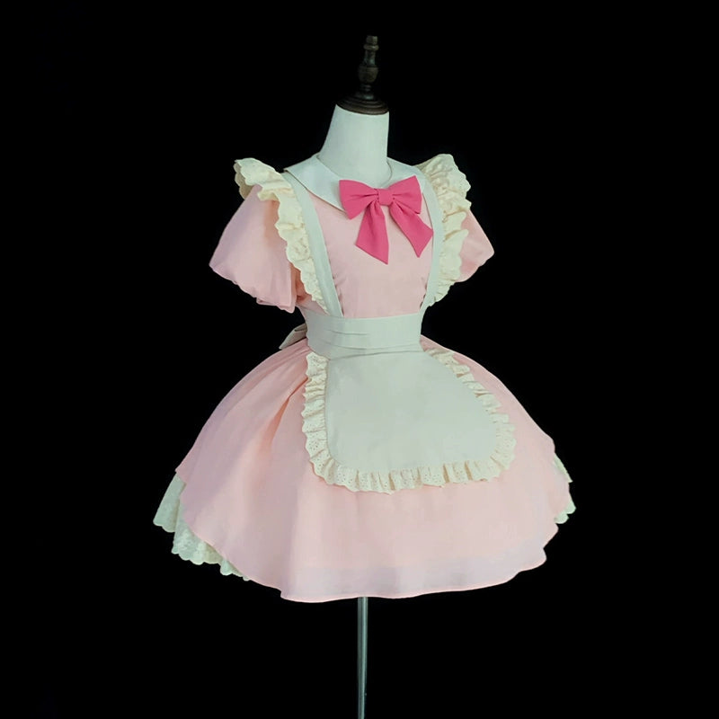 With PUJI~KissKiss~Maid Lolita OP Dress Pleated Lace Multicolor Dress S Pink OP + dark pink bow 