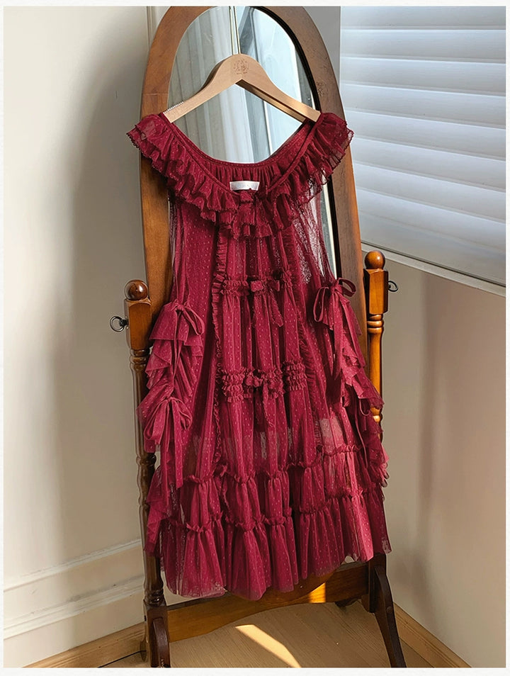 With PUJI~Letters and Poetry~Classic Lolita Tulle Over-Skirt for Summer Red over-skirt only S