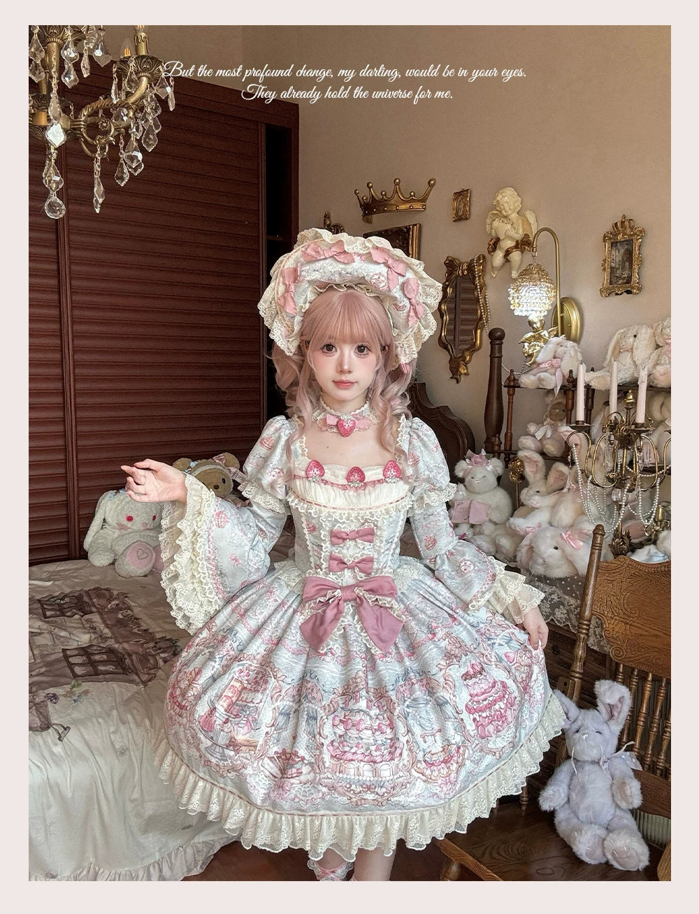 Victorian Cake - Classic Lolita OP Dress, Strawberry Cake Print