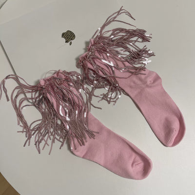 WAGUIR~Retro Lolita Socks Y2K Fringed Lace Mid-tube Socks Pink Free size 