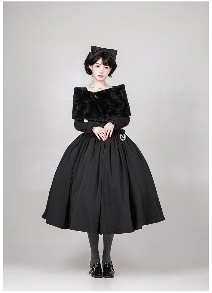 With PUJI~Old Testament~Classic Lolita Coat Black Plush Lolita Cape and Brooch