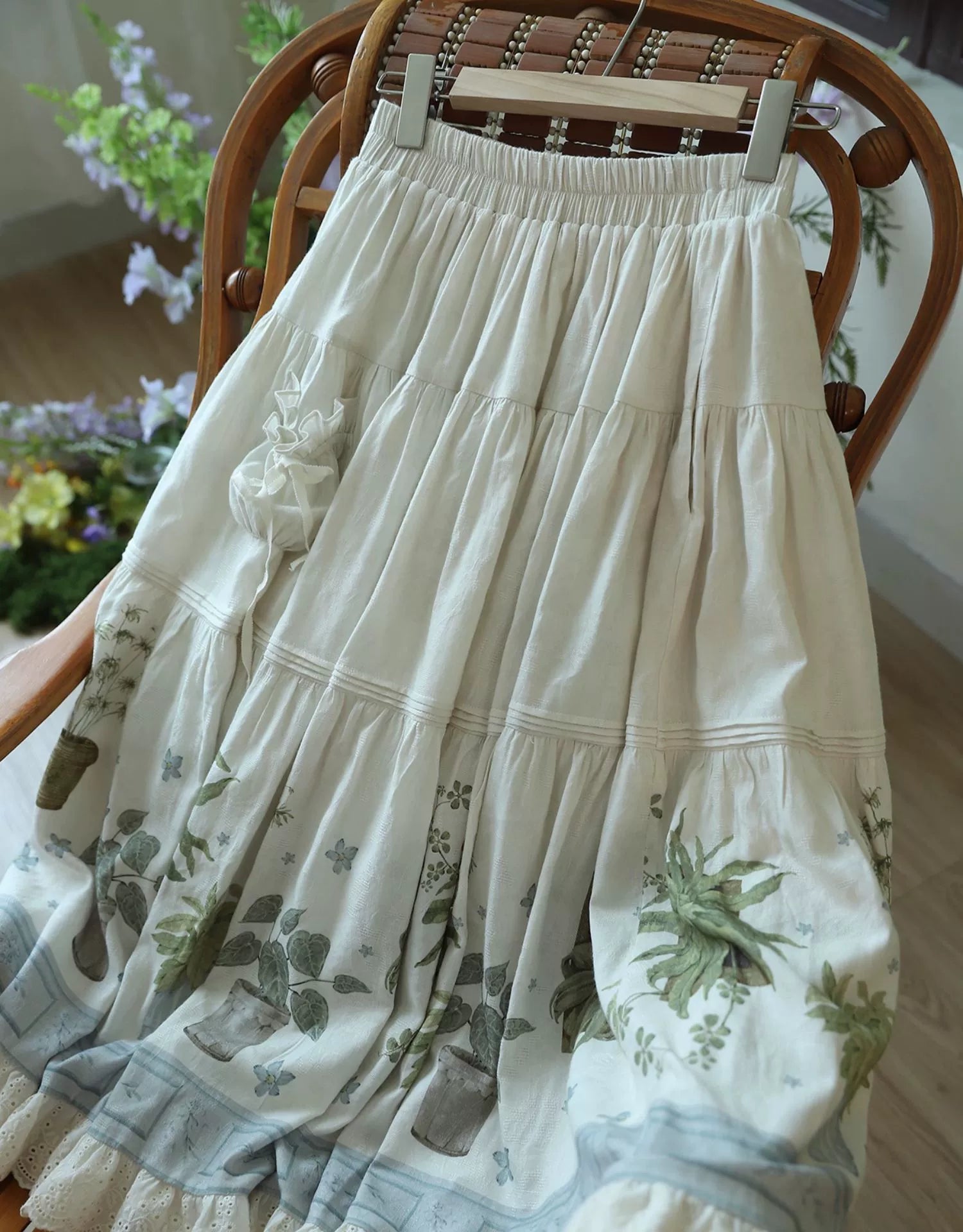 Piggy Bun - Potted Plant - Country Lolita Dress, Green Plant Print Skirt / XS