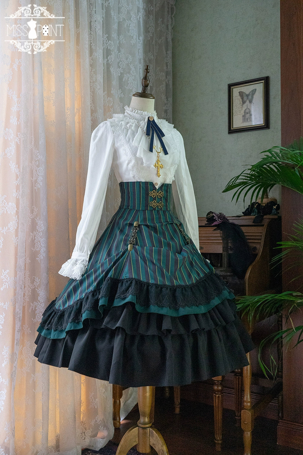 (Buyforme)Miss Point~Customized Lolita Elegant Striped High Waisted Fishbone SK 21544:313393