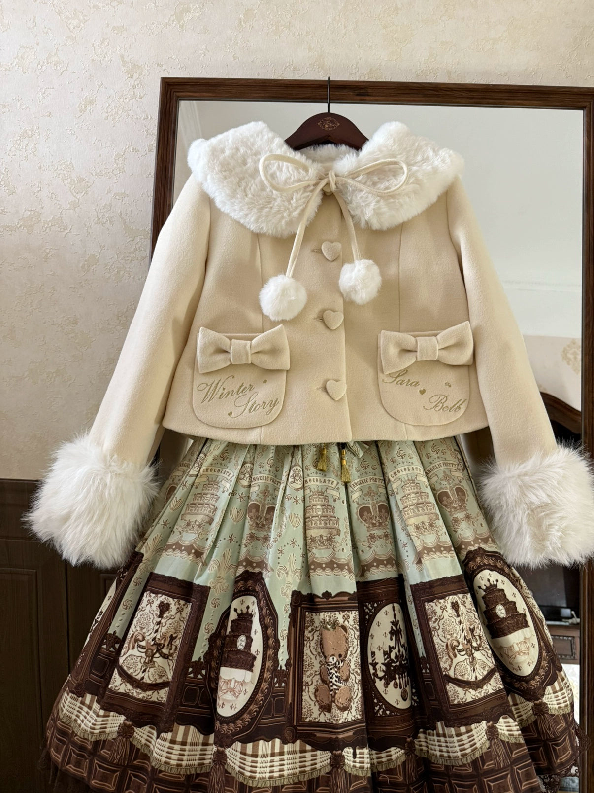 Sara Bell - Winter Story - Winter Kawaii Lolita Short Coat, Detachable Fur Collar (Ivory / L M S) 44068:794405