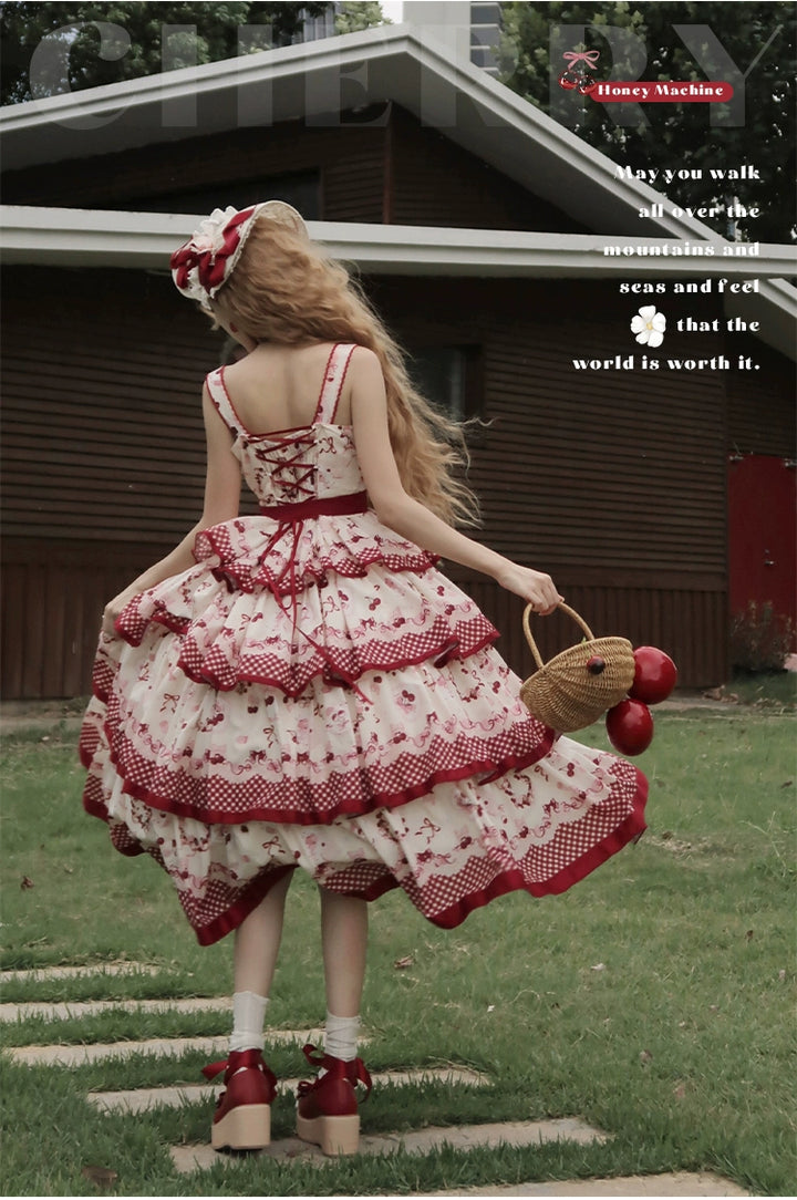 Honey Machine~Ripe Cherry~Country Lolita JSK Dress With Tiered Skirt and Cherry Print
