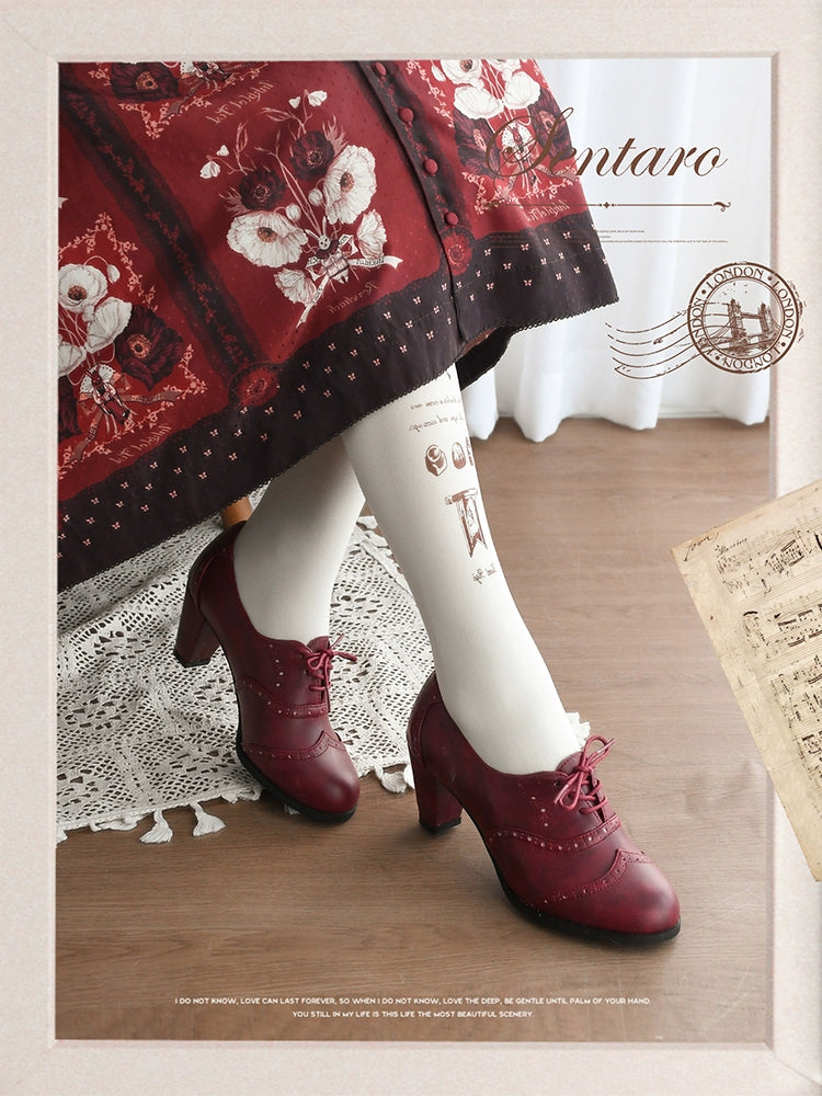Sentaro - Retro Lolita Heel Shoes Handmade Perforated Strap Leather Shoes 35 burgundy mid heel