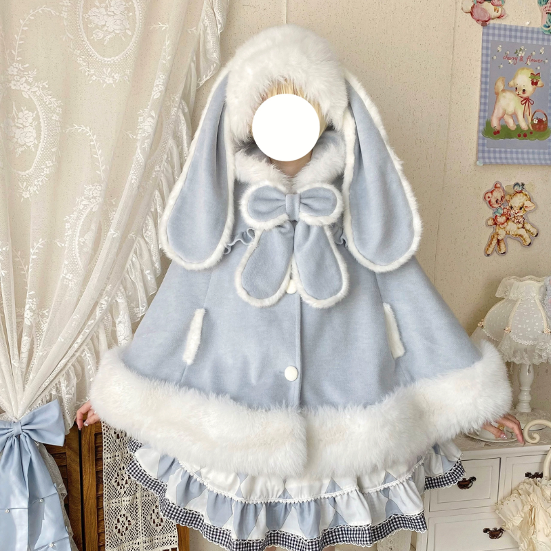 Qianmu - Lop Bunny - Kawaii Lolita Plush Hooded Cape Blue (in stock) One Size