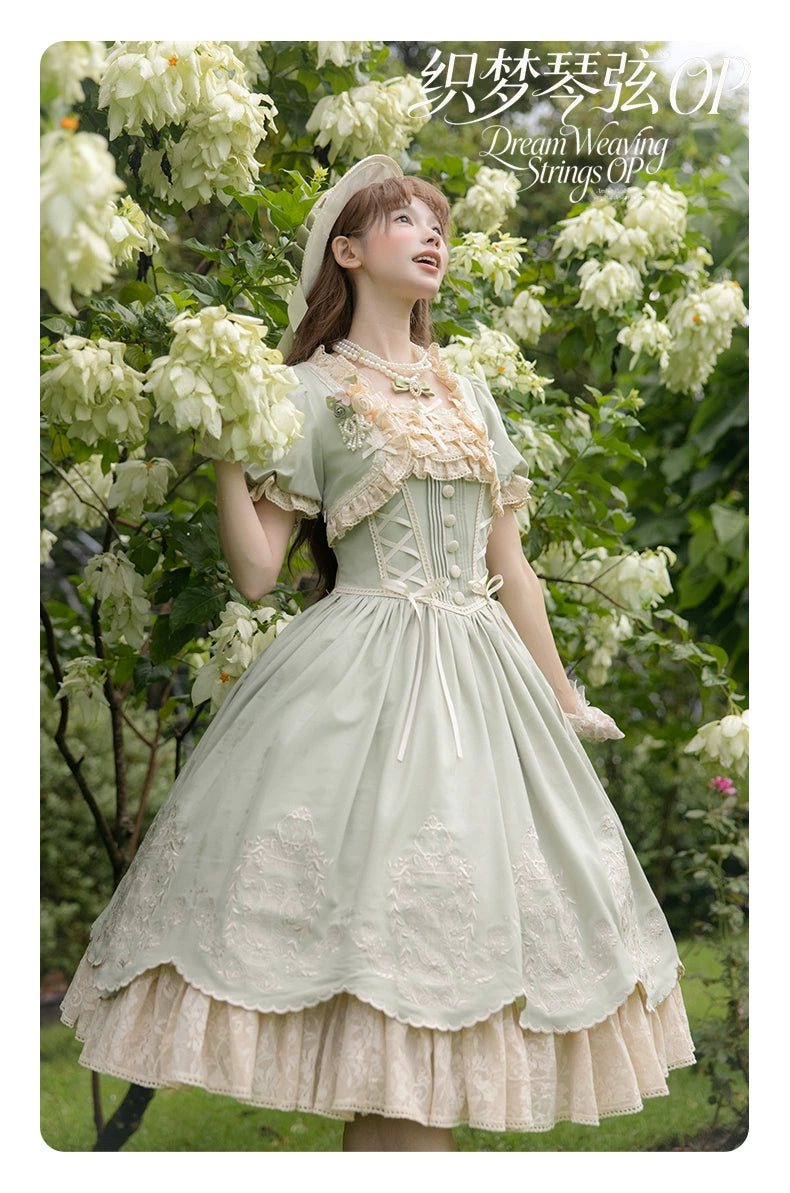 Amber Realm - Dream Strings - Embroidered Classic Lolita OP Dress, Princess Sleeves