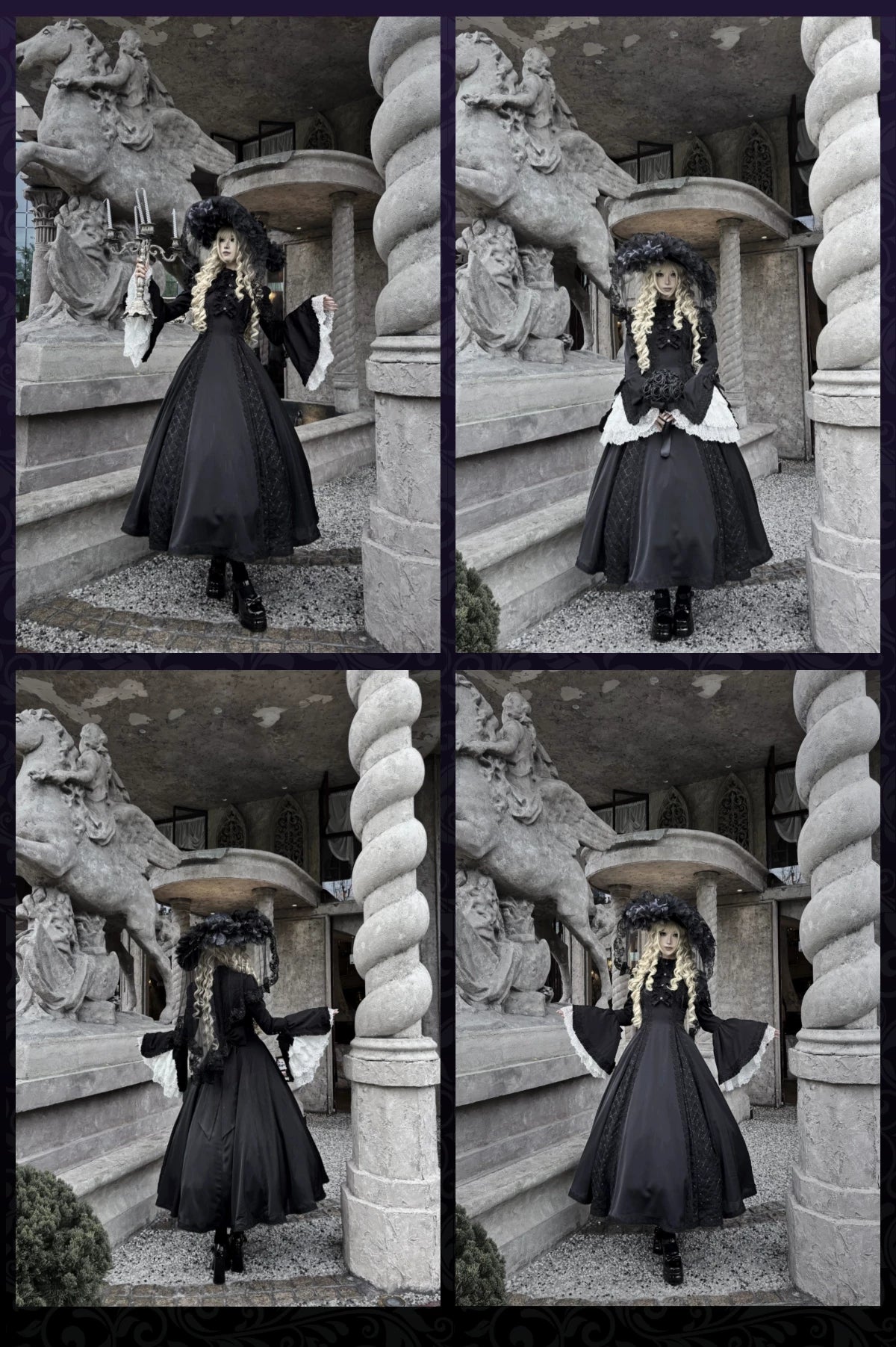 Silver Mist - Halloween Black Gothic Lolita OP Dress, Lace Hime Sleeves