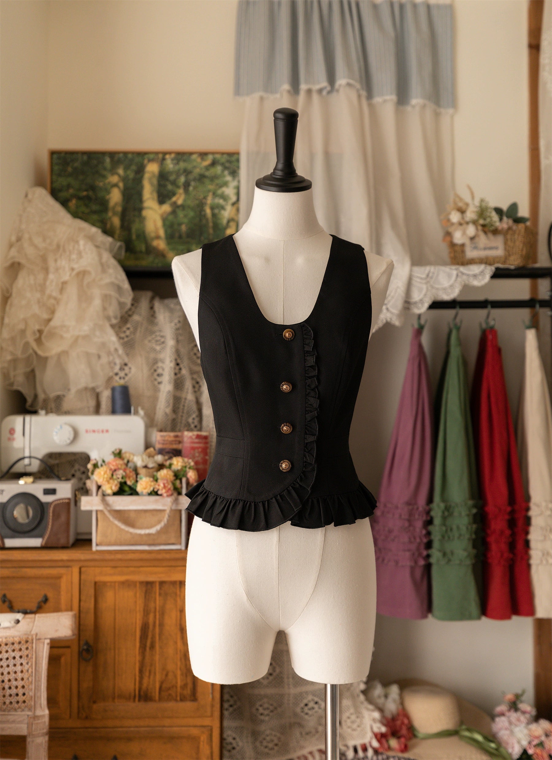 Forest Wardrobe - Forest Basket - Elegant Lolita Vest Autumn/Winter Versatile Waistcoat S Black