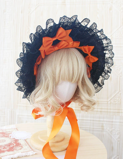 (BFM)Deer Girl Handmade~Gothic Lolita Handmade Bonnet with Bows and Beads pumpkin orange bow-tie style  