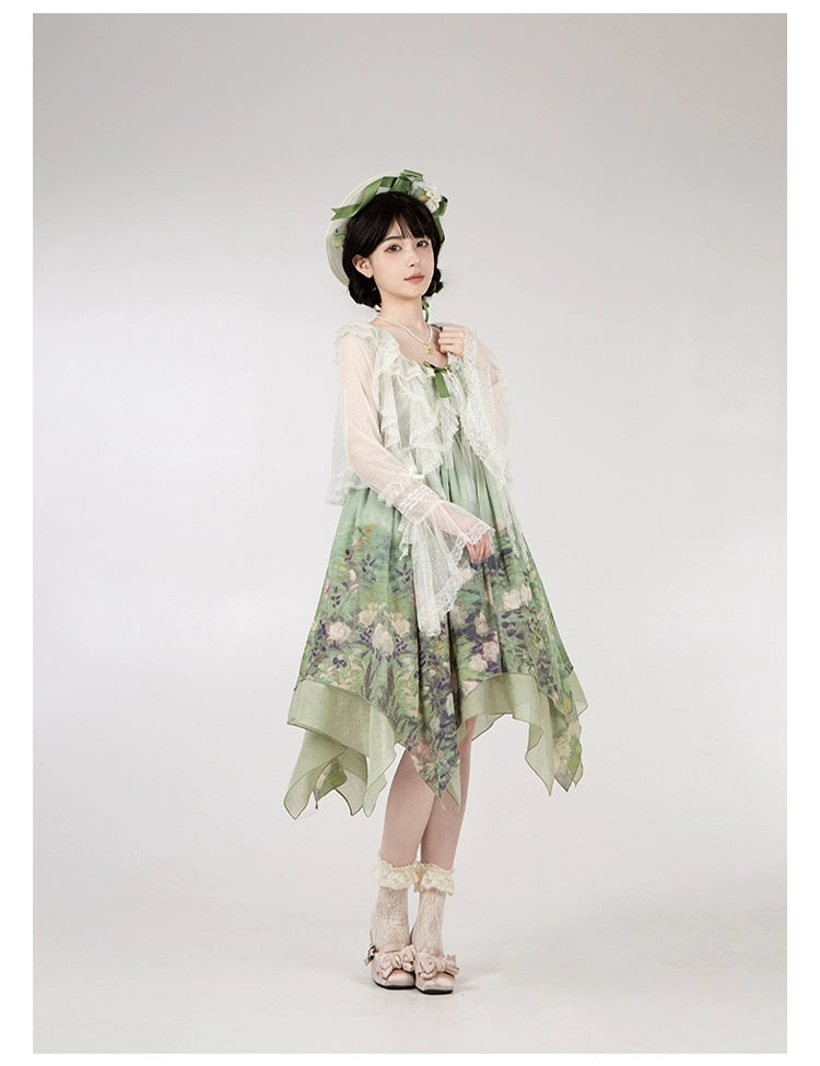With PUJI~Blooming Rose~Chiffon Classic Lolita Dress Set Painting Styled OP & JSK 42925:758707