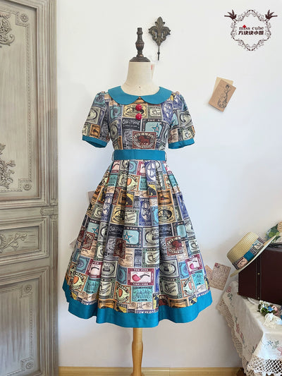 Miss Cube~Antique Label~Retro Lolita OP Dress Short Sleeve Dress XS Peacock blue 