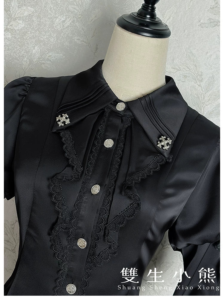 Dark Fog Feast - Gothic Lolita Satin Blouse, Hime Sleeves