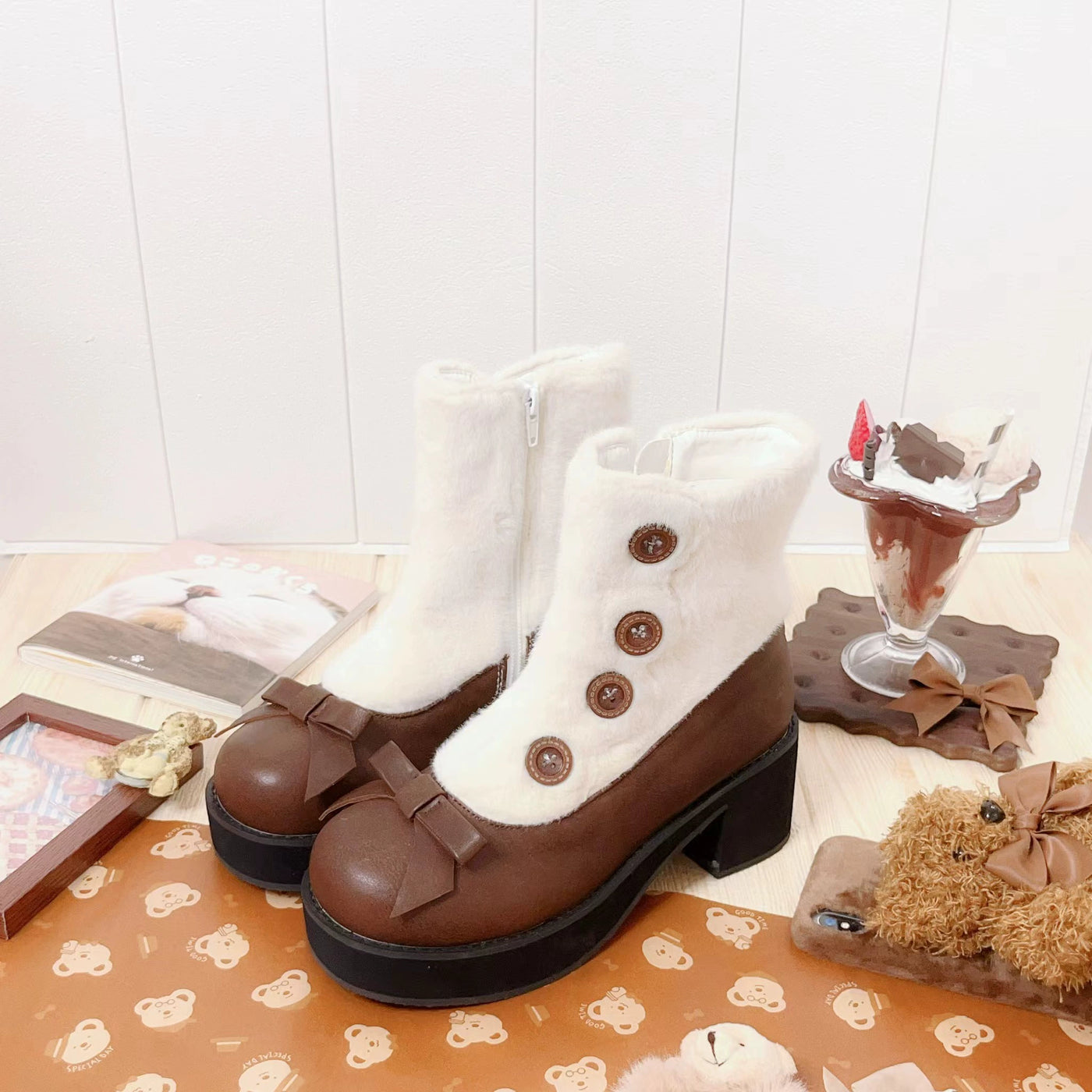 Dolly Doll~Winter Lolita Boots Fur Mary Jane Lolita Low Heel Shoes 34 6cm-Thick Sole-Dark Brown 