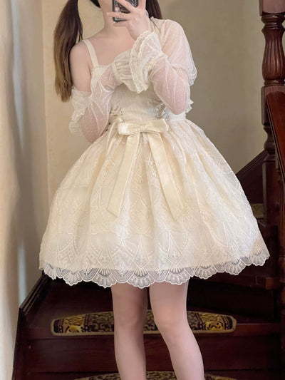 Uncle Wall Original~White Wave Tide~Sweet Lolita JSK Dress Solid Color Dress S KC headband 