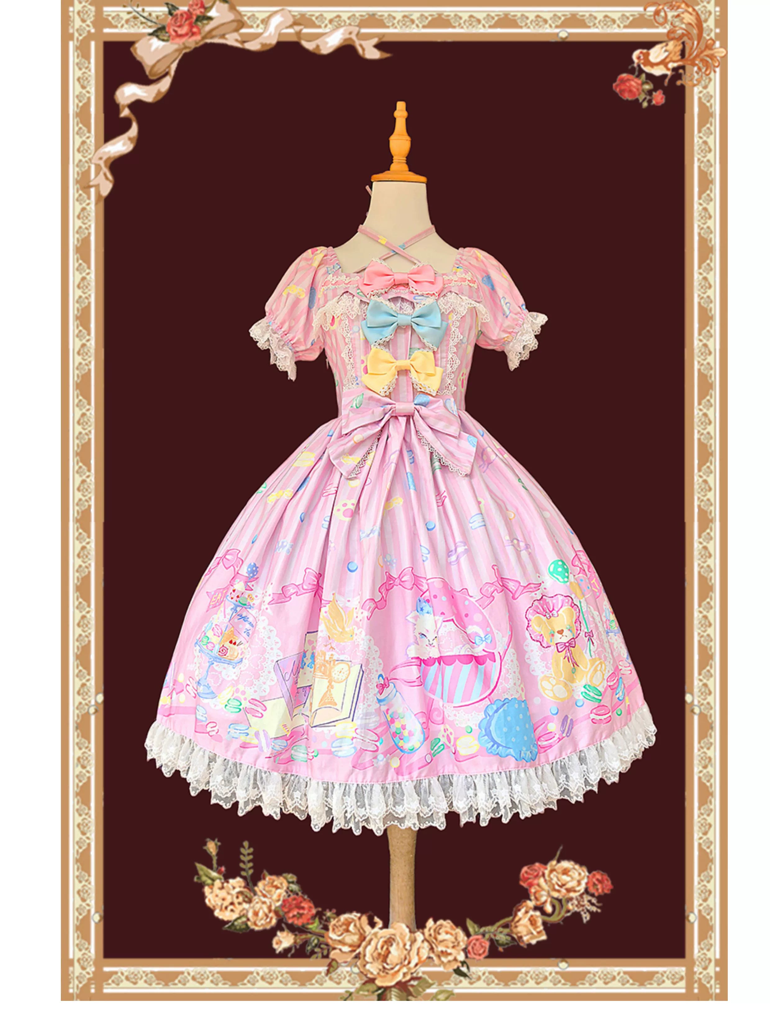 Infanta - Macaron Dolly House - Sweet Lolita OP Printed Dress, Side Zipper Pink OP Only S