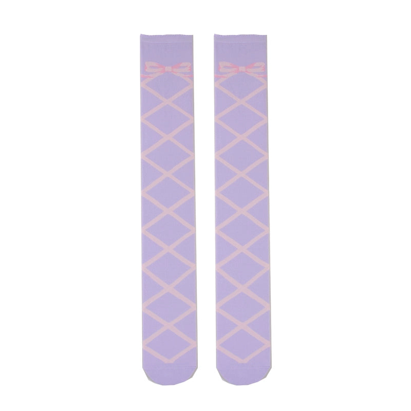 Roji Roji~Sweet Lolita Cotton Mid-Calf Socks knee-high socks pink straps on purple background 