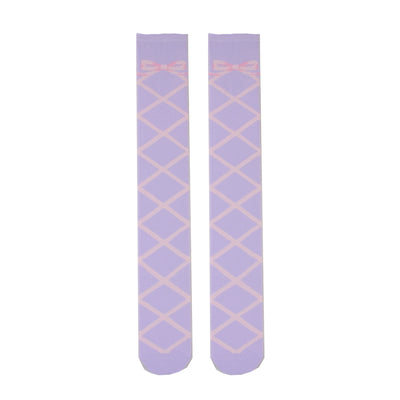 Roji Roji~Sweet Lolita Cotton Mid-Calf Socks knee-high socks pink straps on purple background 