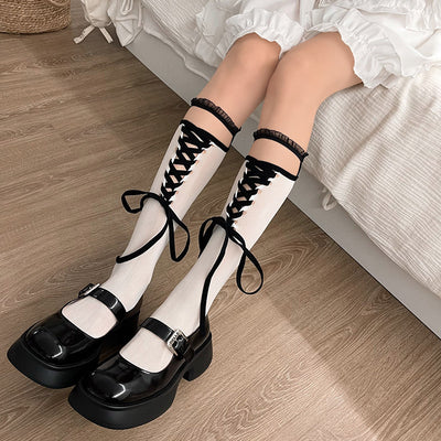 WAGUIR~Sweet Lolita Strappy Lace Calf Socks free size (size 35-39) black belt with white socks 