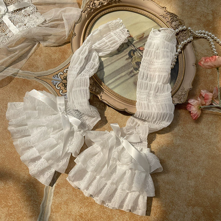 WAGUIR~Sweet Lolita Calf Socks Ruffled Mesh Lace Bow Socks Free size White socks with white bow 