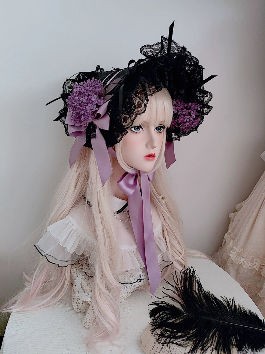 Honey Princess~Handmade Gothic Lolita BNT Halloween Lolita Hat Bottom with lace - black purple  